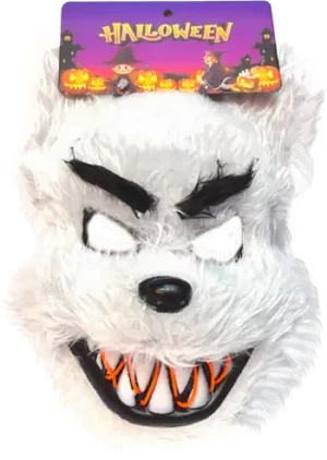 MASCARA HALLOWEEN LOBO CON PELUCHE BLANCO DIENTES AFILADOS 34X20CM