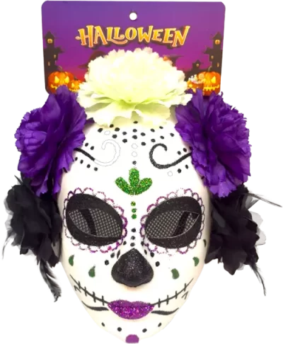 MASCARA CALABERA DÍA DE MUERTOS BLANCO-NEGRO-MORADO 24X17CM