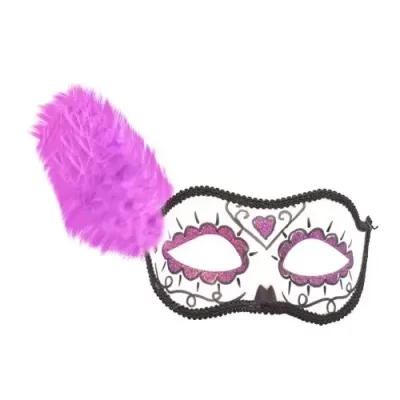 ANTIFAZ BLANCO CON PLUMAS MORADAS 17.5X8.5CM